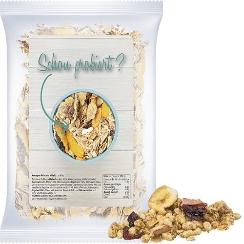 Muesli crunchy fruit, ca. 60g, express maxi bag with label