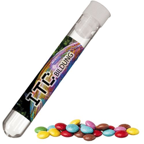 Coloured chocolate lentils, ca. 10g, test tube with label