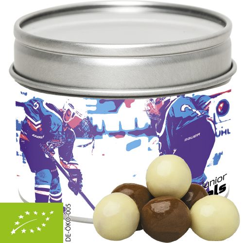 organic choco crispy balls, ca. 45g, metal tin with window with label