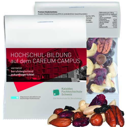 Premium trail mix, ca. 15g, express midi bag with promotional flyer