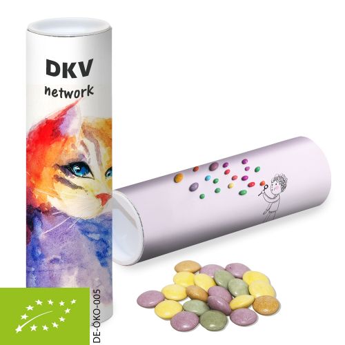 Organic coloured chocolate lentils, ca. 35g, cardboard can with label