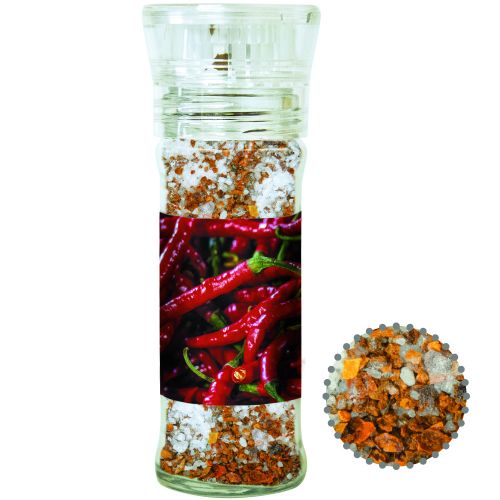 Chili salt, ca. 35g, transparent spice mill with label