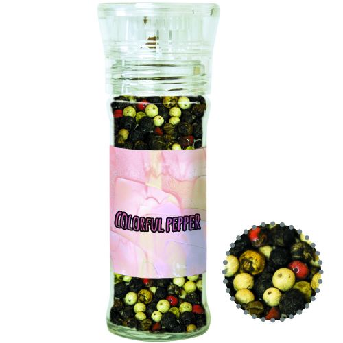 Colorful pepper whole, ca. 45g, transparent spice mill with label