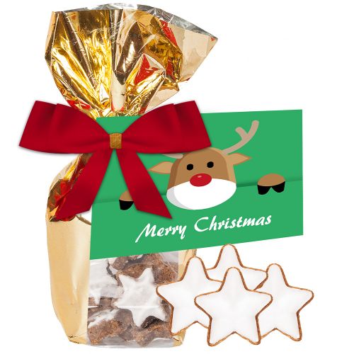 Cinnamon stars, ca. 100g, gold foil with window with advertising card