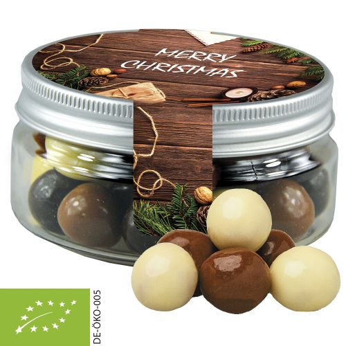 Organic choco crispy balls, ca. 40g, mini sweet jar with label