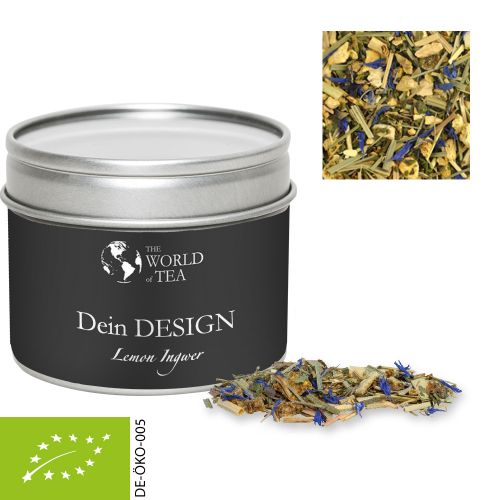 Organic herbal tea lemon ginger, ca. 20g, metal tin with window with label