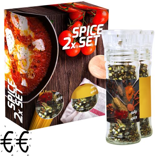 Rough spice mixture (category 2), 70-160g, 2-set glass with plastic grinder in folding box with label/print