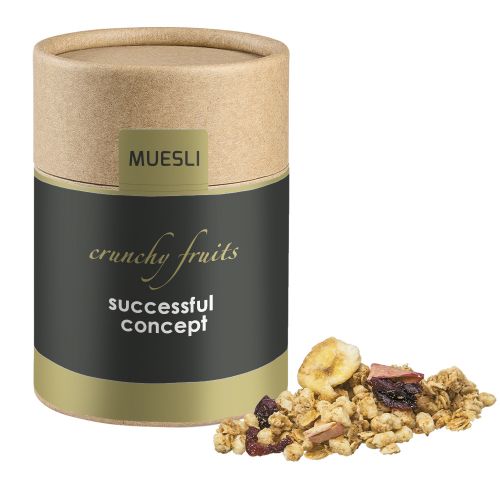 Muesli crunchy fruit, ca. 50g, biodegradable eco cardboard can midi with label