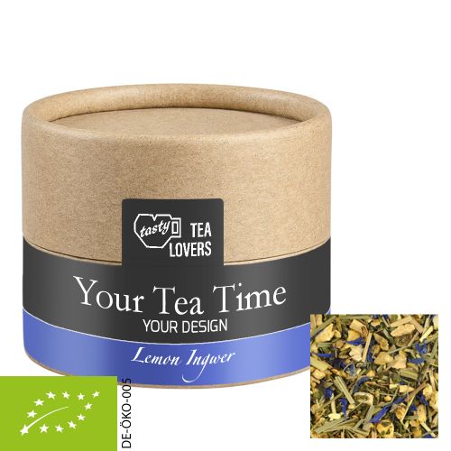 Organic herbal tea lemon ginger, ca. 12g, biodegradable eco cardboard can mini with label