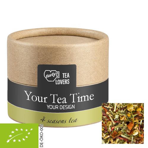 Organic herbal tea four seasons, ca. 9g, biodegradable eco cardboard can mini with label