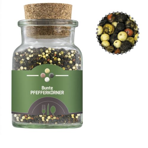 Colorful pepper whole, ca. 65g, cork glass with label