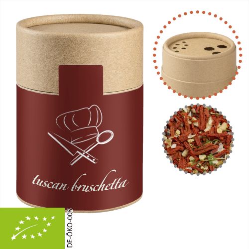 Organic tuscan bruschetta, ca. 50g, biodegradable eco cardboard shaker with label