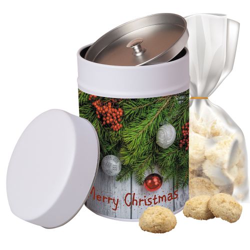 Organic Christmas coconut cookies, ca. 100g, pouch in metal tin maxi with label