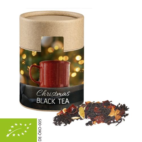 Organic Christmas black tea, ca. 60g, biodegradable eco cardboard can midi with label