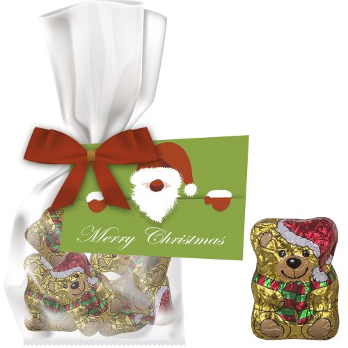 Chocolate Christmas bear, ca. 35g, express flat bag with bow with advertising card