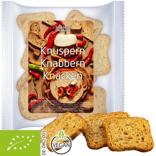 Organic bread chips paprika and chili, ca. 20g, express maxi bag with label