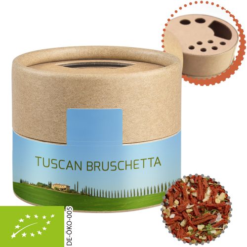 Organic tuscan bruschetta, ca. 28g, biodegradable eco cardboard can mini with label