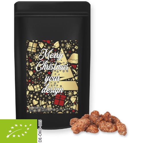 Organic burnt almonds, ca. 80g, midi stand up pouch black with label