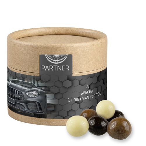 Choco crispy balls, ca. 25g, biodegradable eco cardboard can mini with label