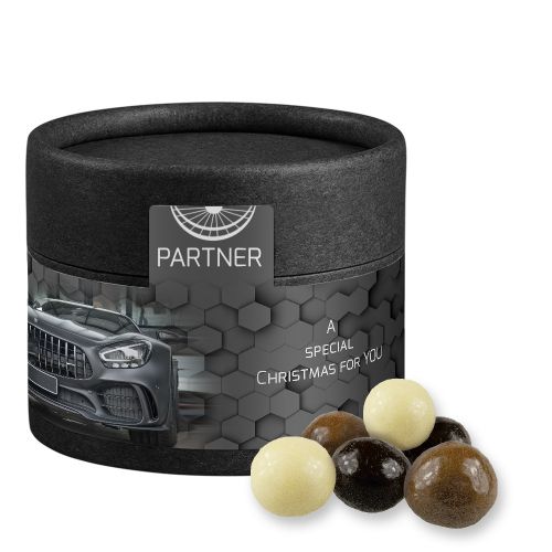 Choco crispy balls, ca. 25g, biodegradable eco cardboard can mini black with label