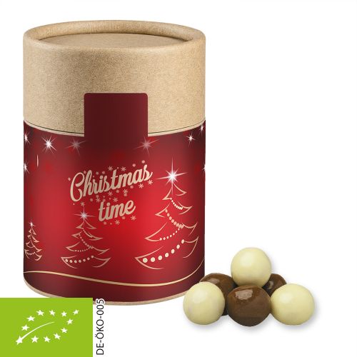Organic choco crispy balls, ca. 50g, biodegradable eco cardboard can midi with label