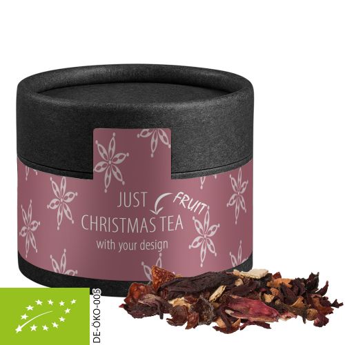 Organic Christmas fruit tea, ca. 25g, biodegradable eco cardboard can mini black with label