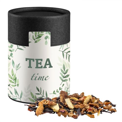 Grandmas baked apple tea, ca. 60g, biodegradable eco cardboard can midi black with label