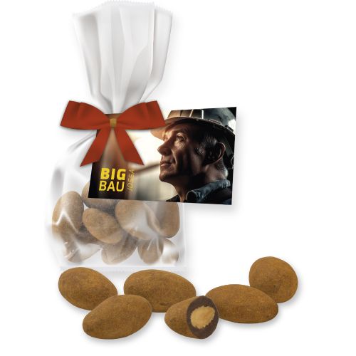 Chocolate almonds with cinnamon, ca. 35g, express flat bag with bow with advertising card