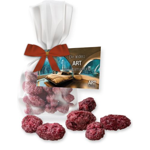 Roasted almonds raspberry, ca. 30g, express flat bag with bow with advertising card